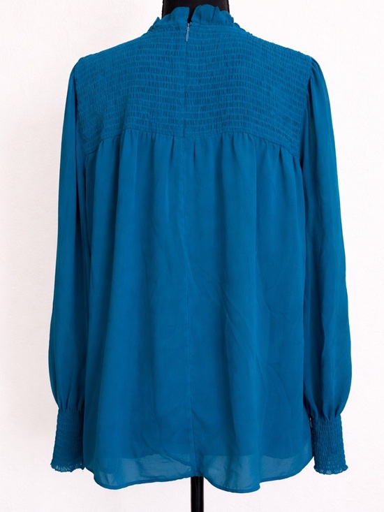 Ann Taylor Teal Smocked Blouse XL Ruffle Neck Long Sleeve Top - Picture 4 of 9